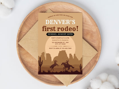 Modèle d'invitation pour un premier rodéo, anniversaire sur le thème du Far West (Canva modifiable)