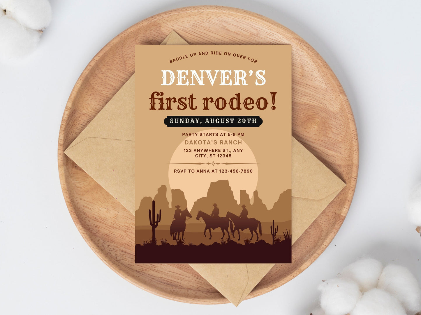 Invitation pour un premier rodéo sur le thème des cowboys, fête d'anniversaire Far West (modèle Canva modifiable)