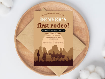 Invitation pour un premier rodéo sur le thème des cowboys, fête d'anniversaire Far West (modèle Canva modifiable)