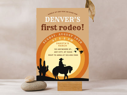 Invitation pour un premier anniversaire sur le thème du rodéo, fête de cowboys du Far West (modèle Canva modifiable)