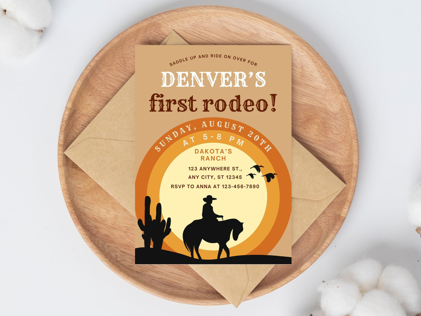 Invitation pour un premier anniversaire sur le thème du rodéo, fête de cowboys du Far West (modèle Canva modifiable)