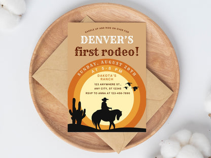 Invitation pour un premier anniversaire sur le thème du rodéo, fête de cowboys du Far West (modèle Canva modifiable)