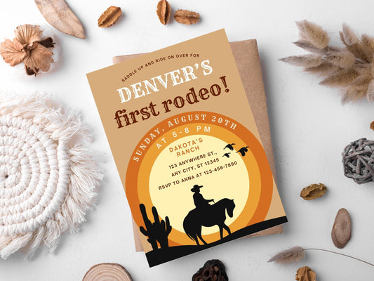 Invitation pour un premier anniversaire sur le thème du rodéo, fête de cowboys du Far West (modèle Canva modifiable)