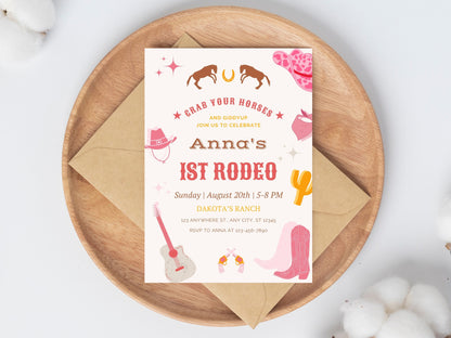 Editable First Rodeo Invitation Template, Cowgirl Birthday (Canva Template)
