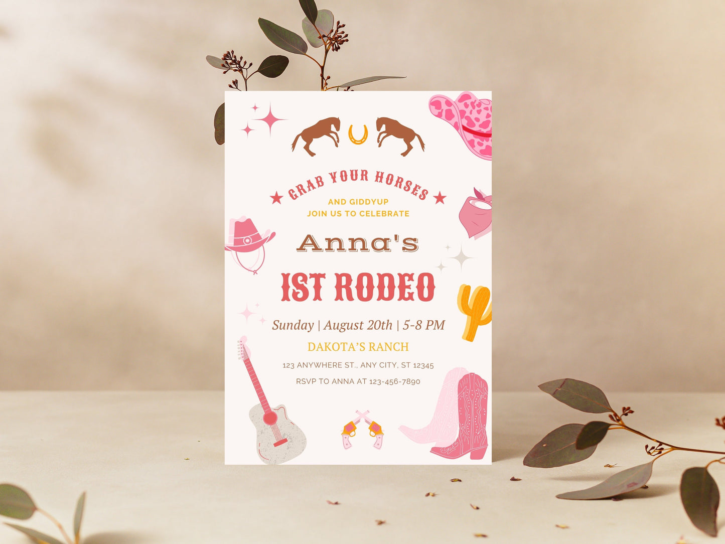 Editable First Rodeo Invitation Template, Cowgirl Birthday (Canva Template)