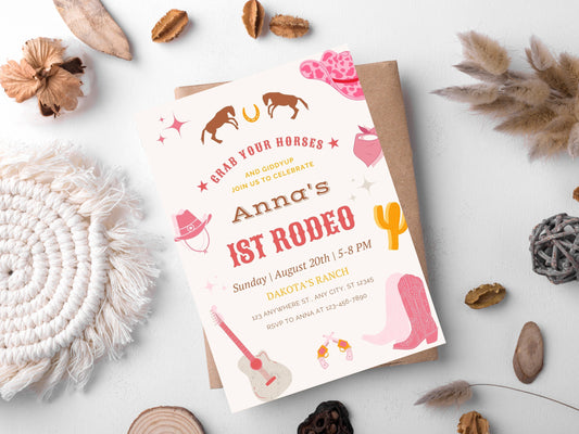 Editable First Rodeo Invitation Template, Cowgirl Birthday (Canva Template)