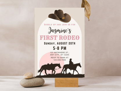 Editable First Rodeo Invitation, Cowgirl 1st Birthday (Canva Template)