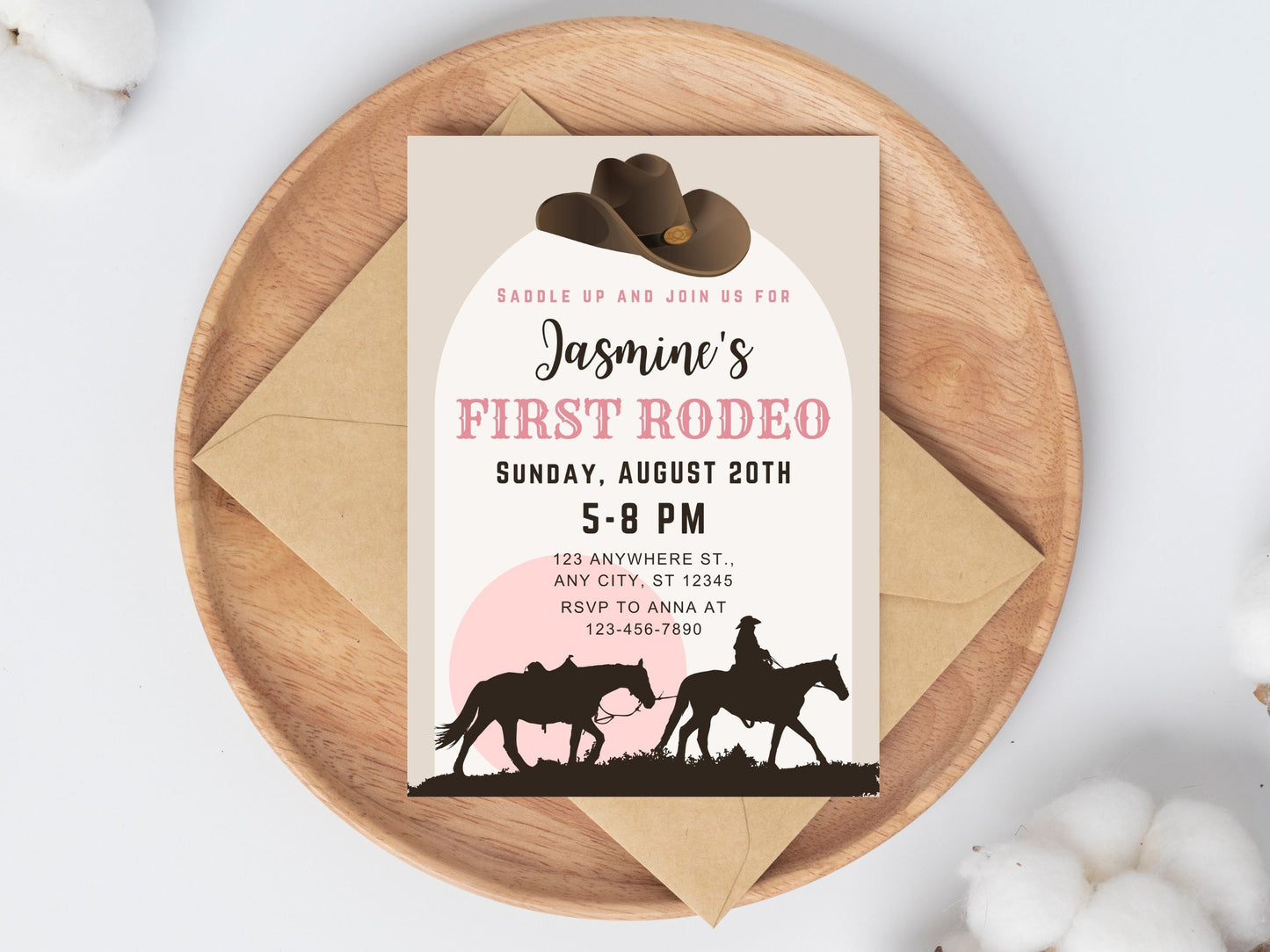 Editable First Rodeo Invitation, Cowgirl 1st Birthday (Canva Template)