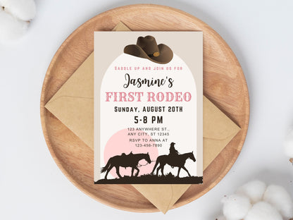 Editable First Rodeo Invitation, Cowgirl 1st Birthday (Canva Template)