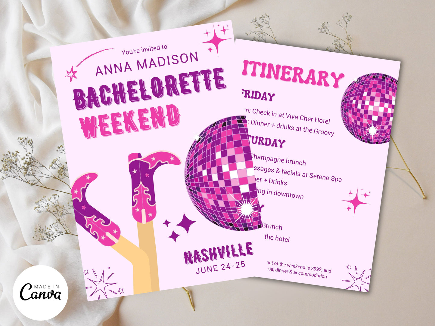 Disco Cowgirl Bachelorette Weekend Itinerary Template (Printable PDF)