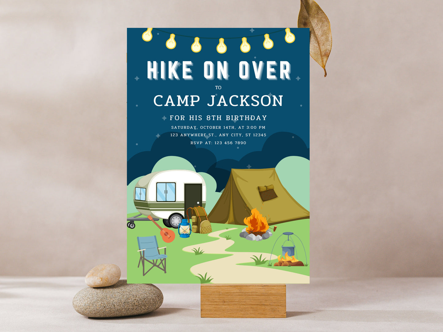 Camping Birthday Invitation Template, Bonfire Party (Canva Editable, Digital Download)