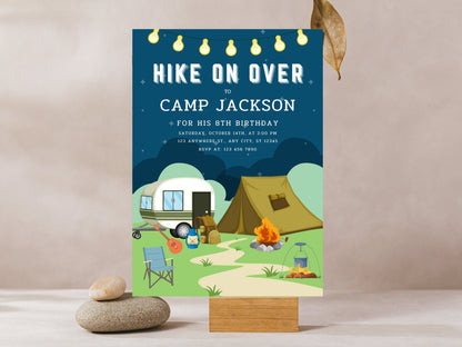 Camping Birthday Invitation Template, Bonfire Party (Canva Editable, Digital Download)
