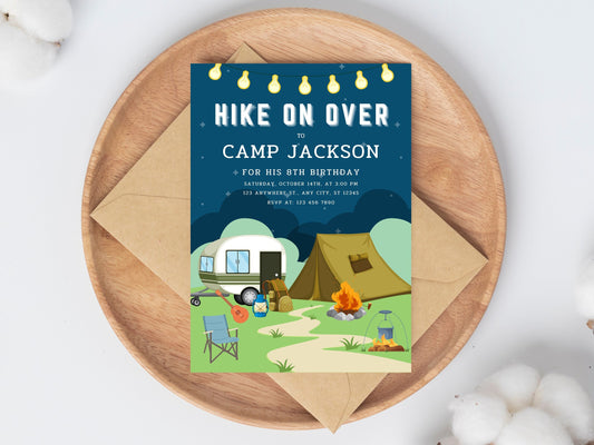 Camping Birthday Invitation Template, Bonfire Party (Canva Editable, Digital Download)