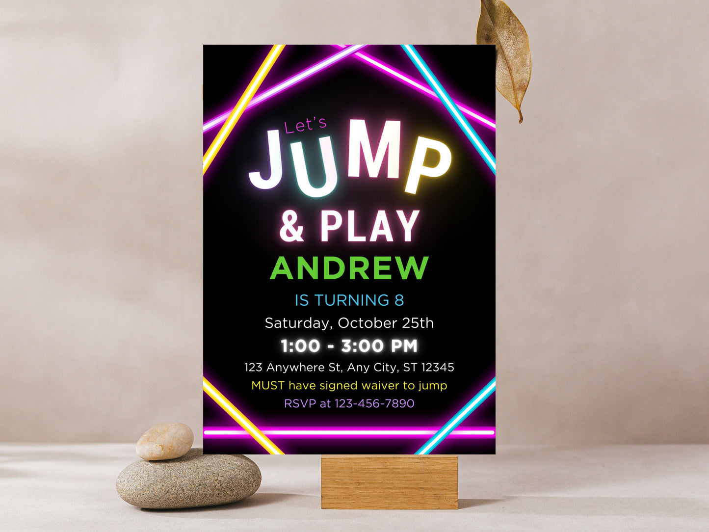 Invitation d'anniversaire sur le thème du saut, effet néon, modèle modifiable (téléchargement instantané)