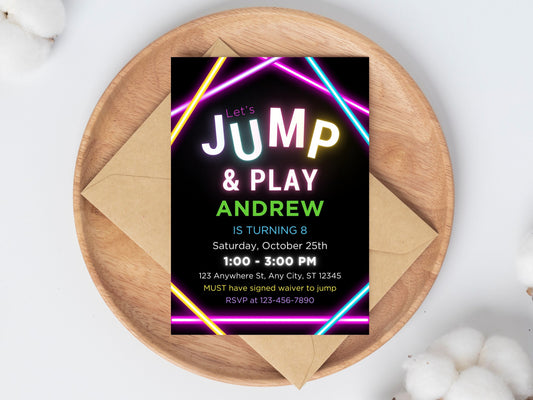 Geburtstagseinladung mit Sprungmotiv, Neon-Leuchteffekt, bearbeitbare Vorlage (Sofort-Download)