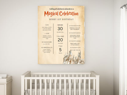 Wizard 1st Birthday Milestone Board, Editable Photo Sign (Printable Template)