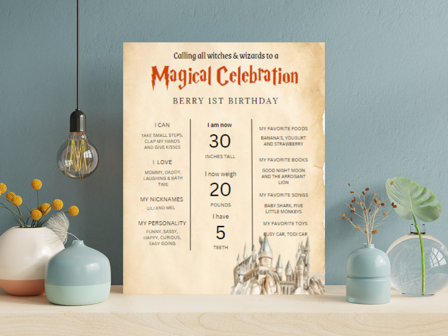 Wizard 1st Birthday Milestone Board, Editable Photo Sign (Printable Template)
