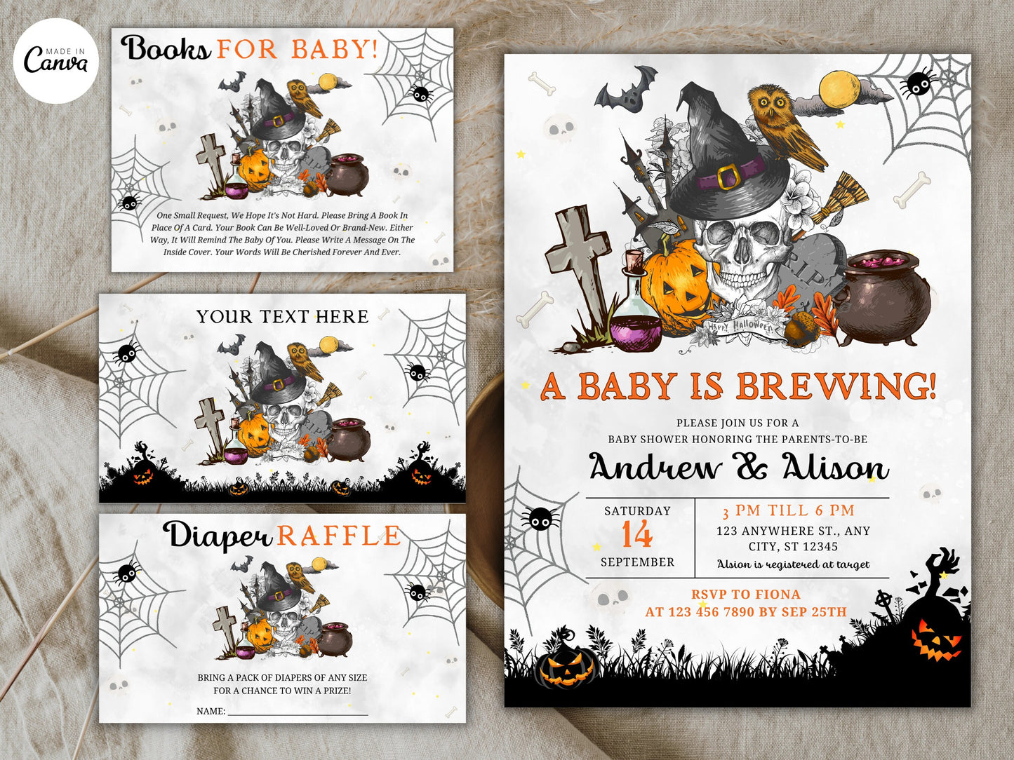 Halloween Baby Shower Invitation Bundle, Gender Neutral, Editable (Digital Download)