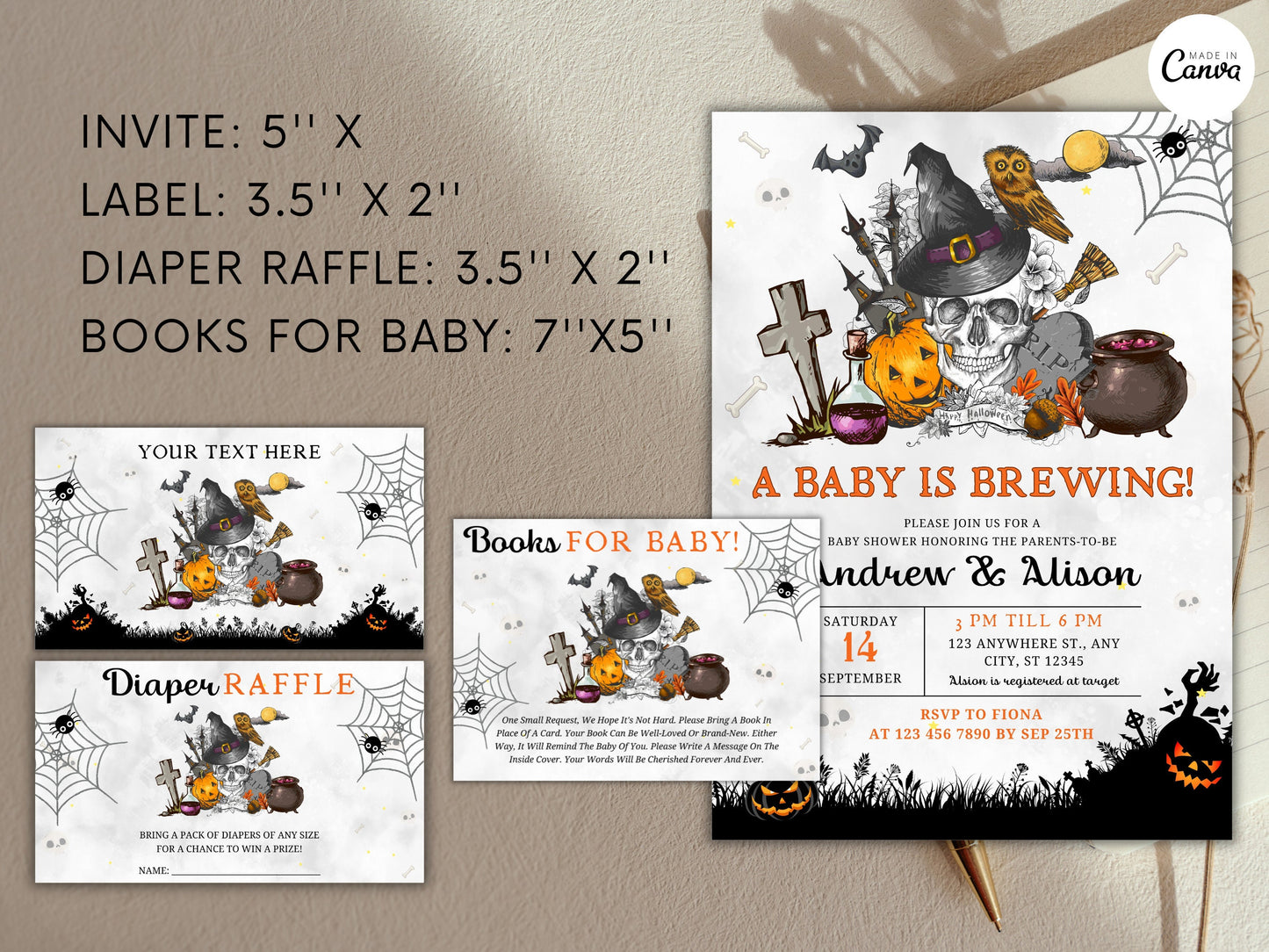 Halloween Baby Shower Invitation Bundle, Gender Neutral, Editable (Digital Download)