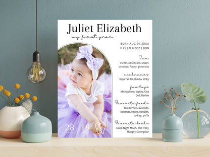 Editable Baby First Birthday Milestone Board, Photo Poster (Digital Download)