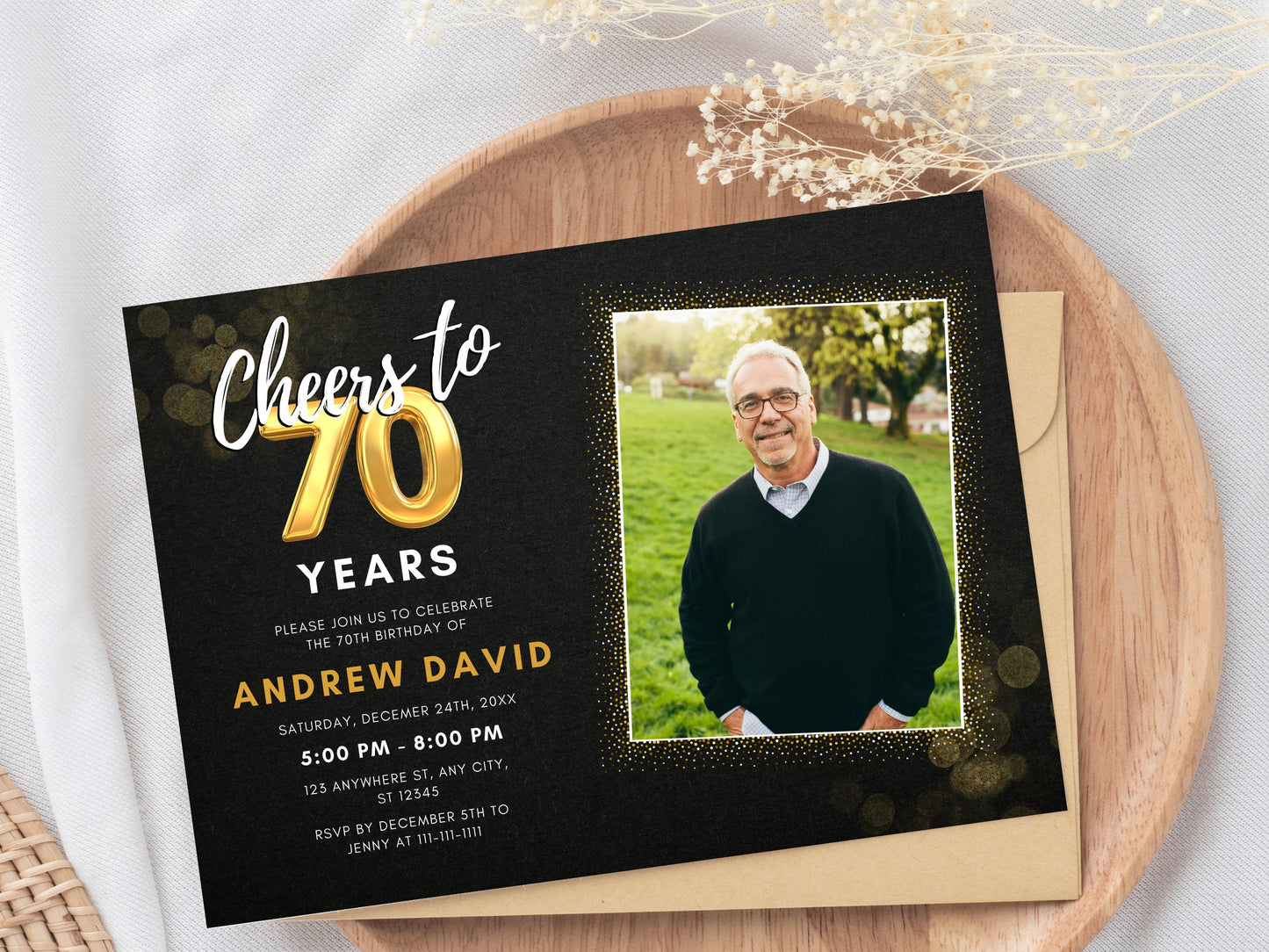 Modèle d'invitation pour un 70e anniversaire avec photo (téléchargement numérique)