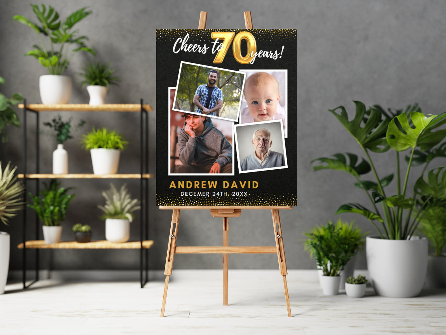 Cheers to 70 Years Photo Birthday Sign, Gold Glitter (PRINTABLE)