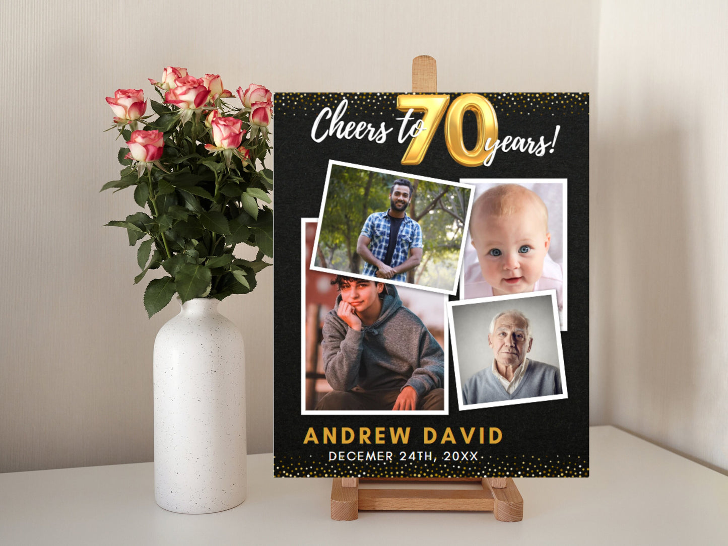 Cheers to 70 Years Photo Birthday Sign, Gold Glitter (PRINTABLE)