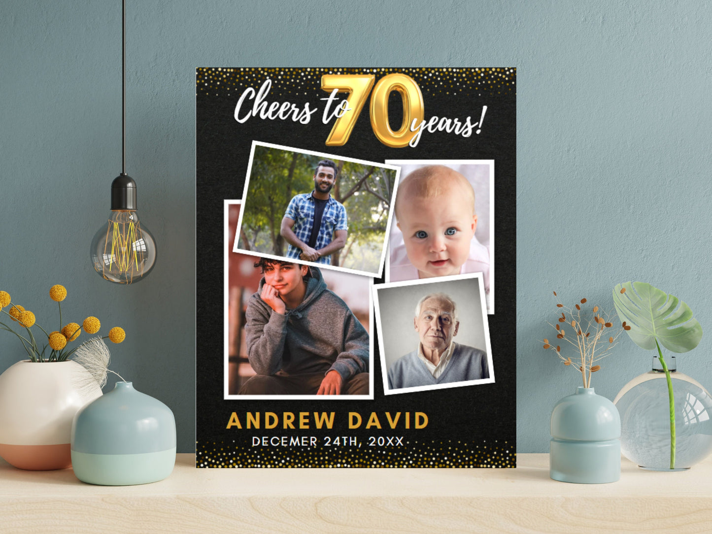 Cheers to 70 Years Photo Birthday Sign, Gold Glitter (PRINTABLE)
