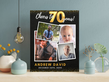 Cheers to 70 Years Photo Birthday Sign, Gold Glitter (PRINTABLE)