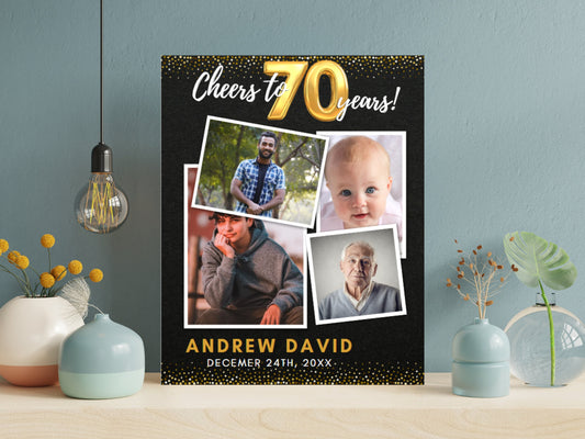 Cheers to 70 Years Photo Birthday Sign, Gold Glitter (PRINTABLE)