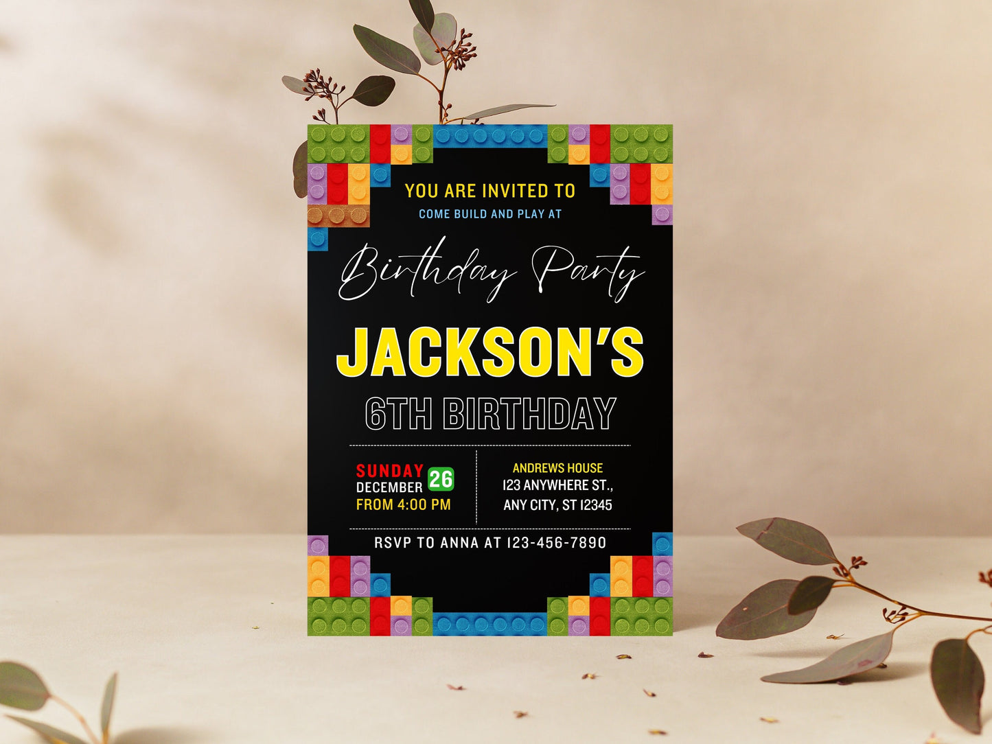 Building Blocks Birthday Invitation, Editable Kids Party Invite (Canva Template, Instant Download)