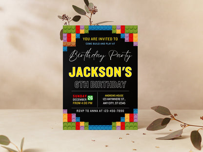 Building Blocks Birthday Invitation, Editable Kids Party Invite (Canva Template, Instant Download)