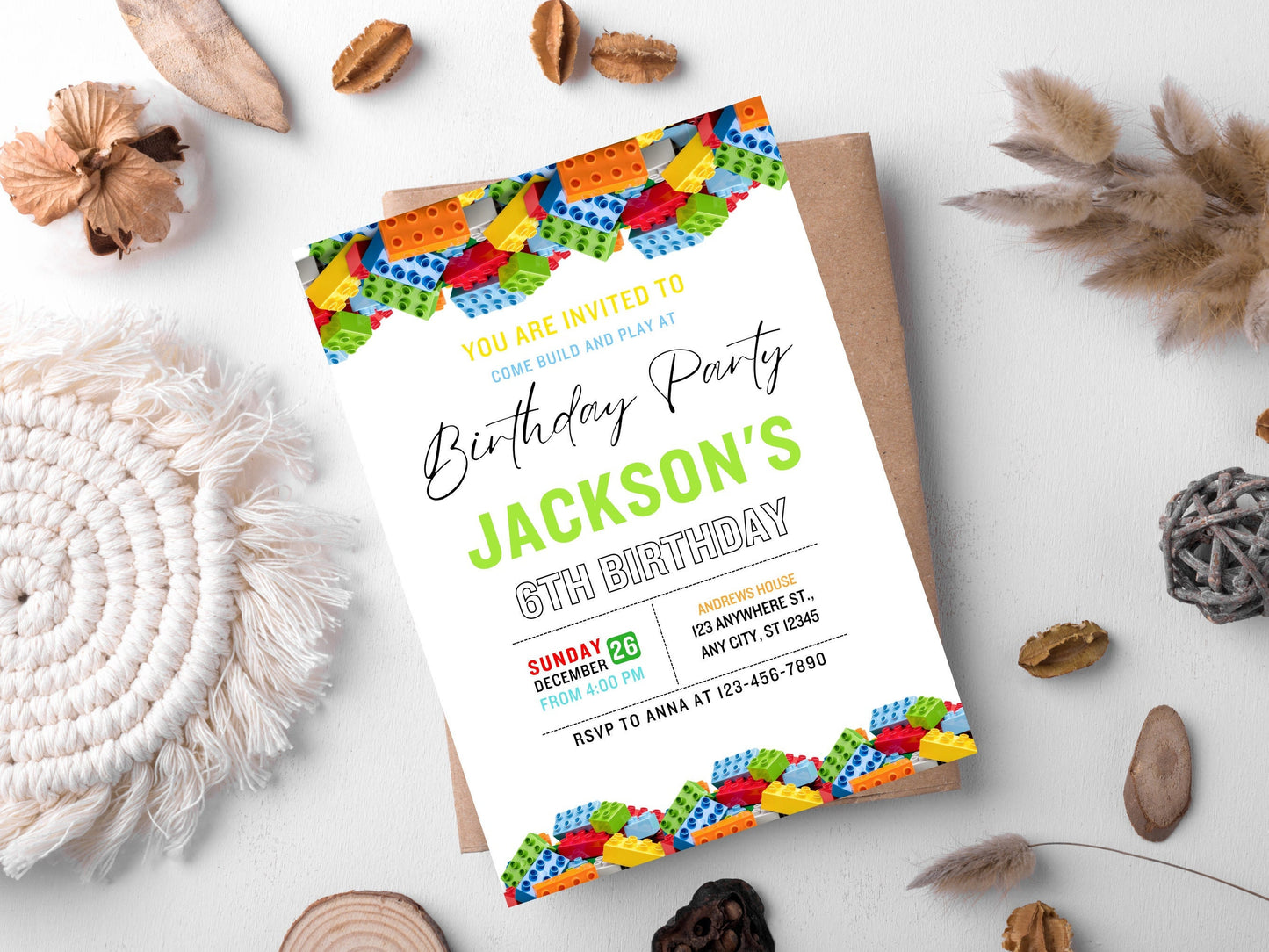 Geburtstagseinladung mit Bausteinen, bearbeitbare Einladung zur Kinderparty (digitaler Download)