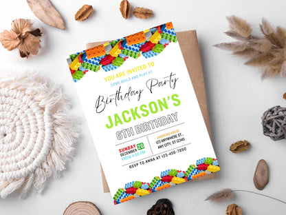 Geburtstagseinladung mit Bausteinen, bearbeitbare Einladung zur Kinderparty (digitaler Download)