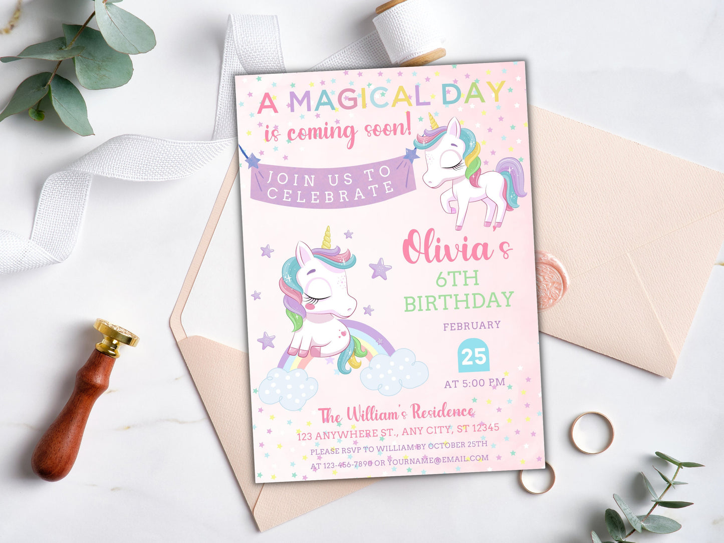 Unicorn Birthday Invitation Template, Pastel Rainbow, Editable Canva (Digital Download)