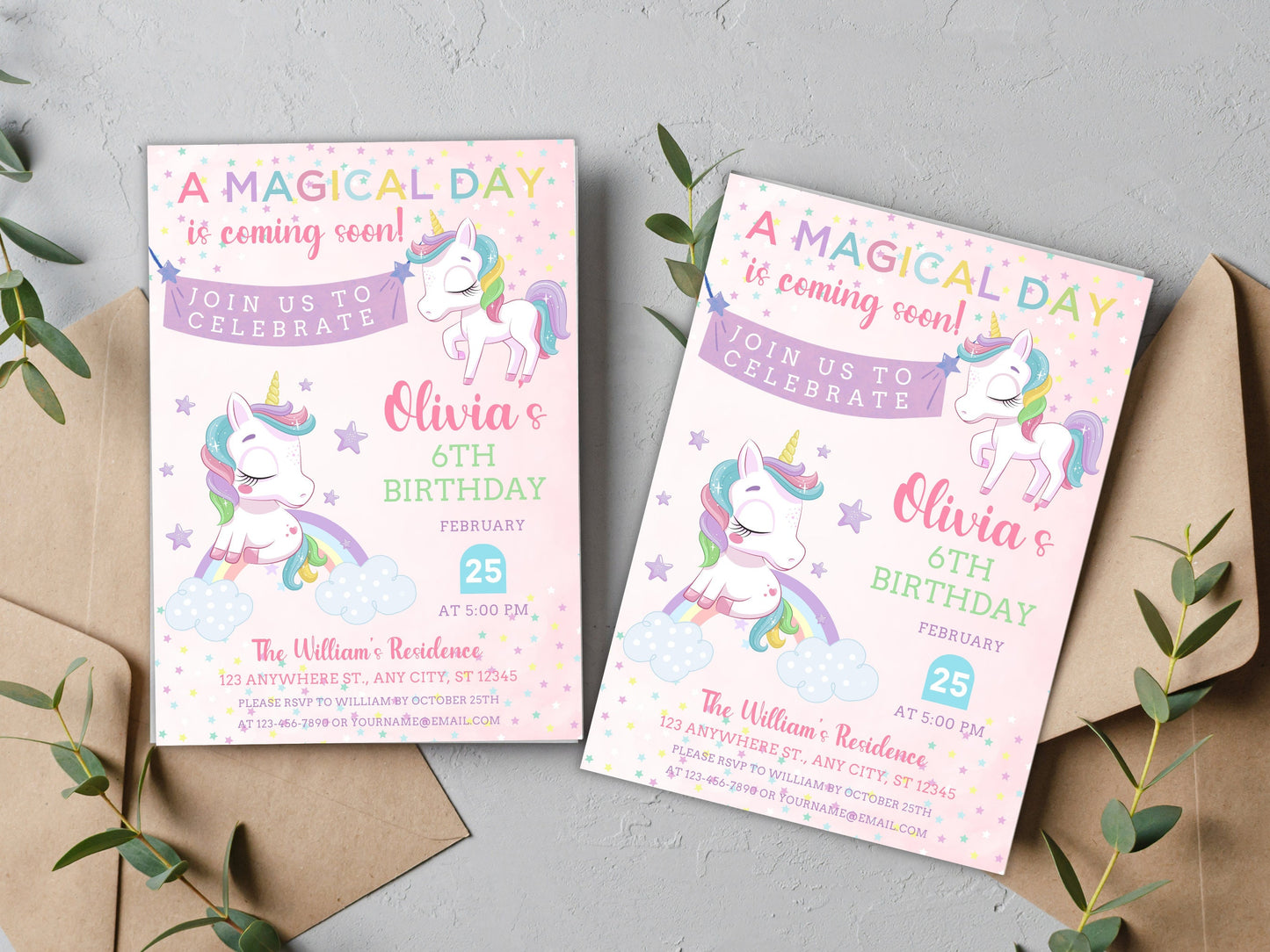 Unicorn Birthday Invitation Template, Pastel Rainbow, Editable Canva (Digital Download)