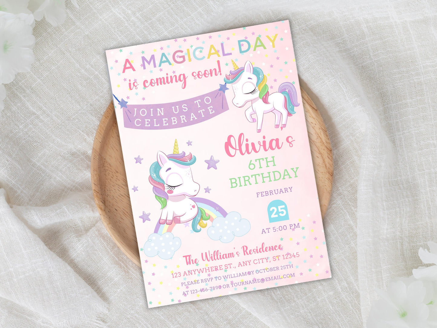 Unicorn Birthday Invitation Template, Pastel Rainbow, Editable Canva (Digital Download)