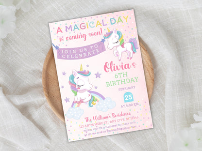 Unicorn Birthday Invitation Template, Pastel Rainbow, Editable Canva (Digital Download)