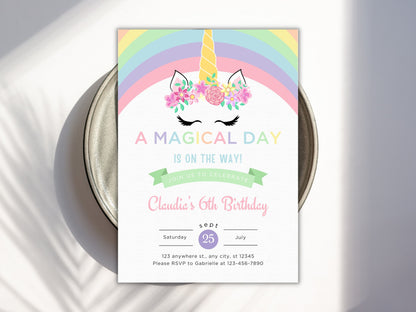 Einladungsvorlage für eine Geburtstagsfeier mit pastellfarbenem Regenbogeneinhorn (PDF)