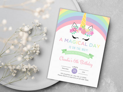 Einladungsvorlage für eine Geburtstagsfeier mit pastellfarbenem Regenbogeneinhorn (PDF)