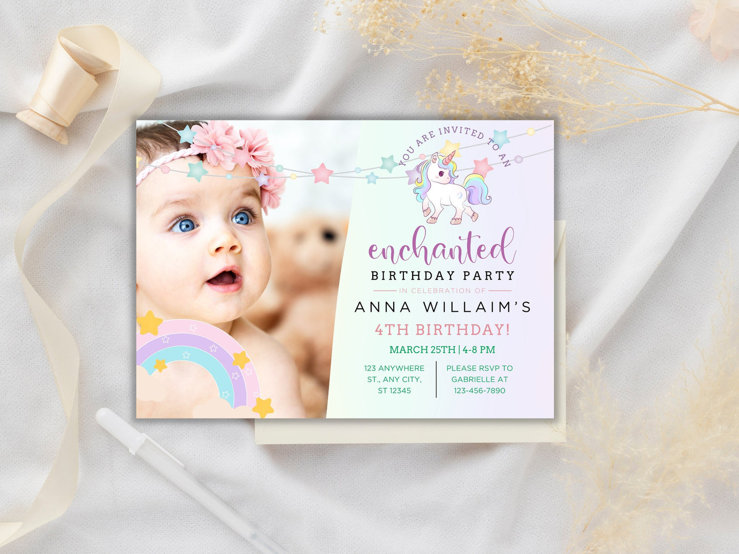 Unicorn Birthday Invitation Template, Pastel Rainbow (Digital Download)