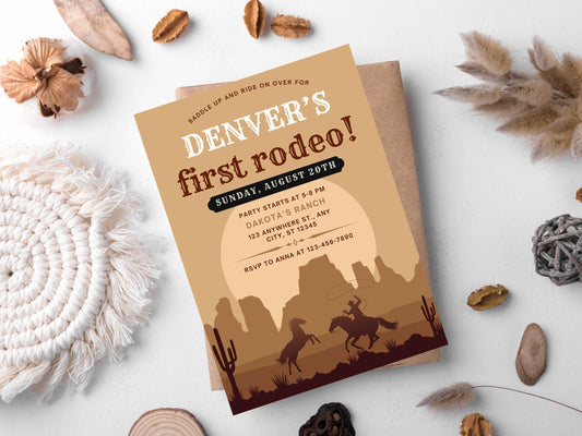 First Rodeo Invitation Template, Wild West Birthday (Editable Canva)