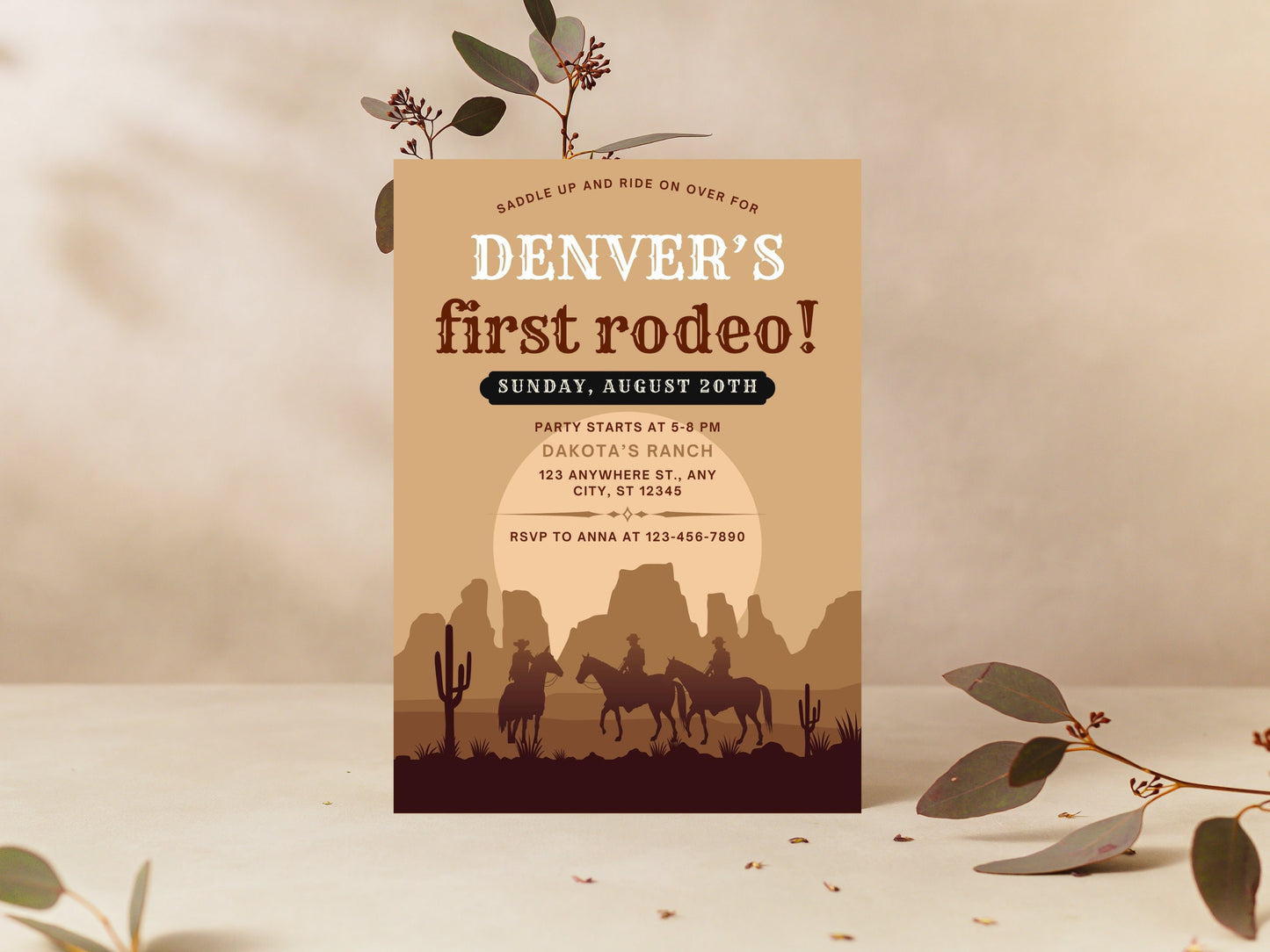 Invitation d'anniversaire sur le thème du rodéo pour un premier anniversaire de cowboy, Far West (Modèle Canva modifiable)