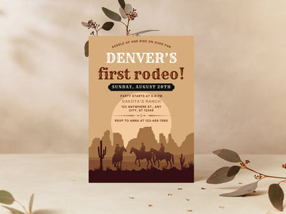 Invitation d'anniversaire sur le thème du rodéo pour un premier anniversaire de cowboy, Far West (Modèle Canva modifiable)