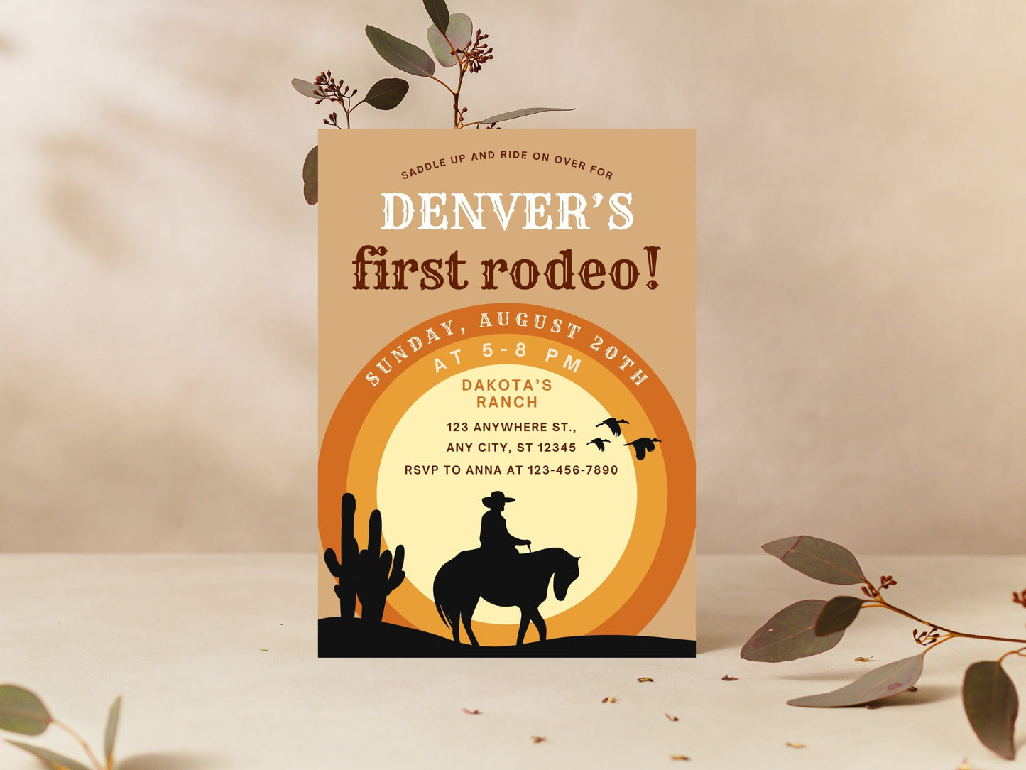 Invitation pour un premier anniversaire sur le thème du rodéo, fête de cowboys du Far West (modèle Canva modifiable)