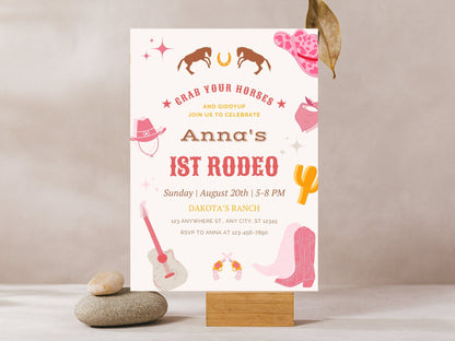 Editable First Rodeo Invitation Template, Cowgirl Birthday (Canva Template)