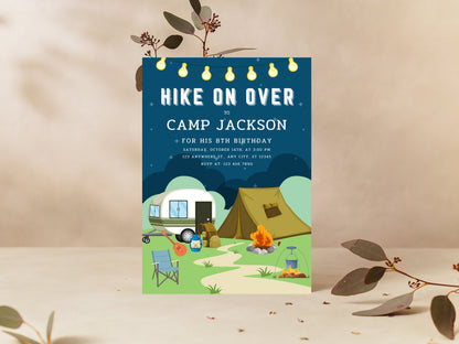 Camping Birthday Invitation Template, Bonfire Party (Canva Editable, Digital Download)