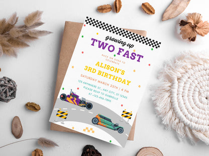 Two Fast Birthday Invitation, Race Car Party, Editable Canva Template