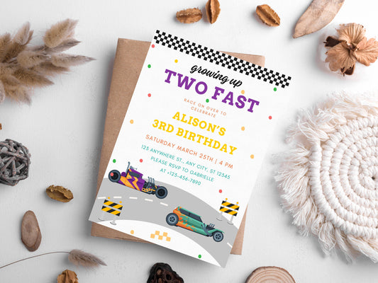 Two Fast Birthday Invitation, Race Car Party, Editable Canva Template