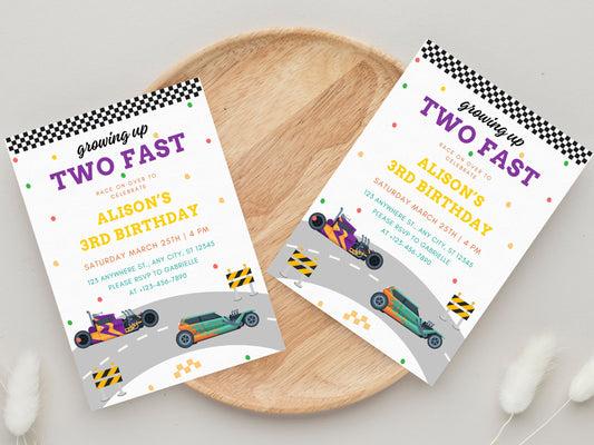 Two Fast Birthday Invitation, Race Car Party, Editable Canva Template
